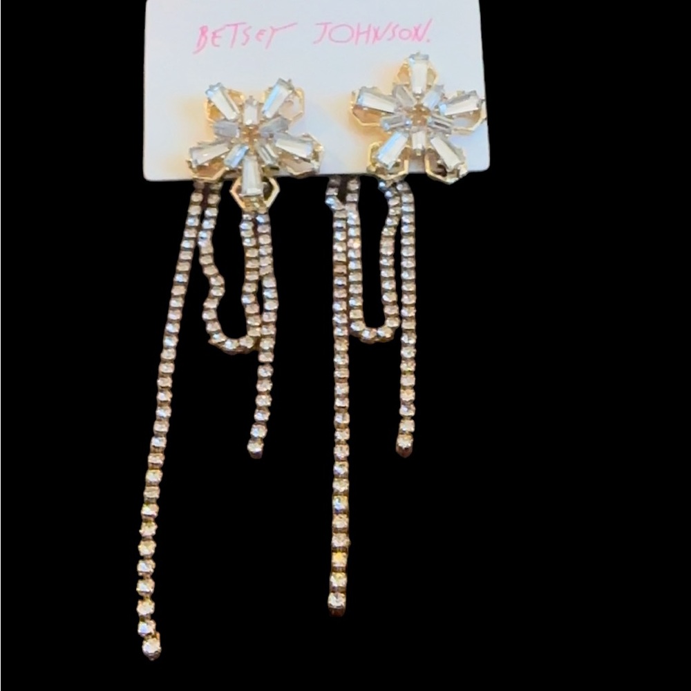Betsey Johnson Crystal Flower & Rhinestone & Tassel Dangle Earrings NWT